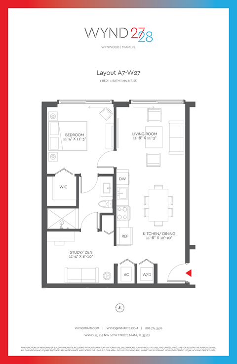 Floor plan for 1 bed, 1 bath, 765 sqft